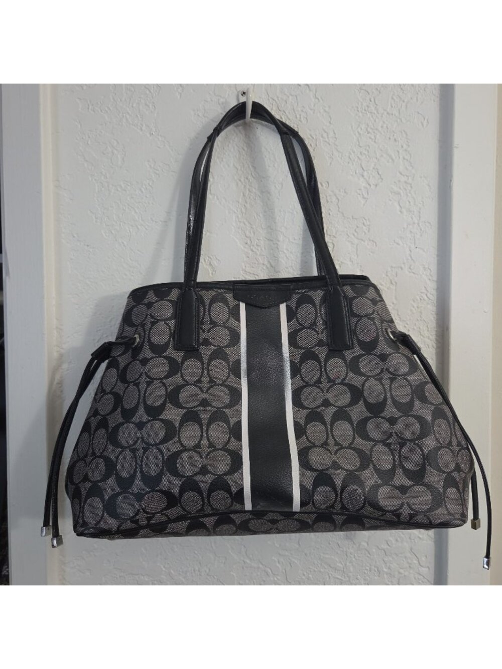 2014 Coach Signature Stripe Black Gray Handbag Tote Drawstring, Flaw Project Bag